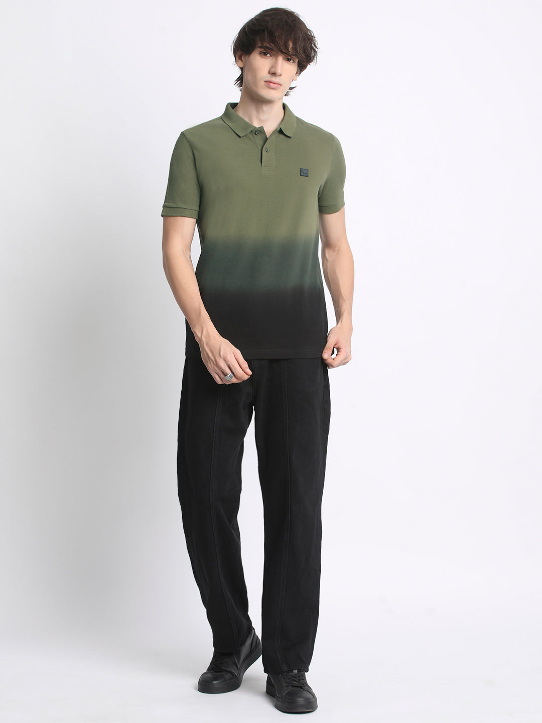 Men  Gradient Olive Green to Black Polo T-Shirt