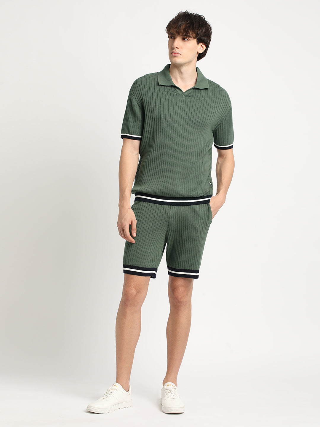 Men Green Striped Regular Fit Cotton Shorts | The Bear House