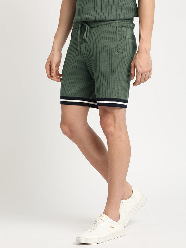 Men Green Striped Regular Fit Cotton Shorts | The Bear House