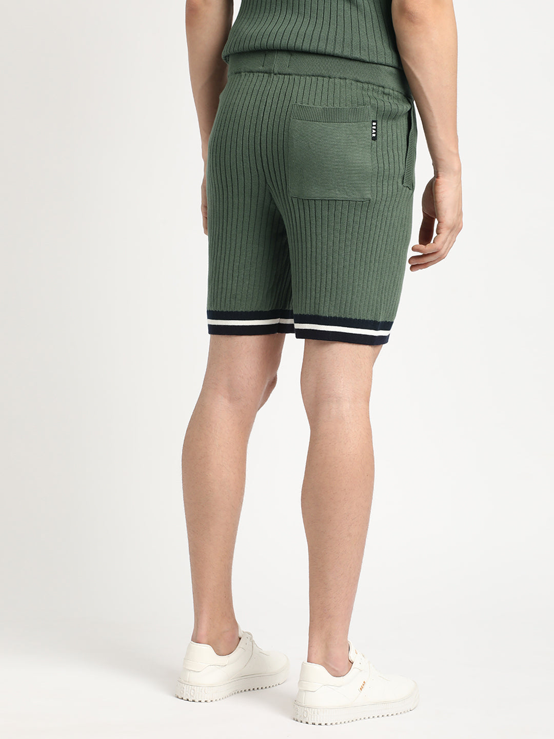 Men Green Striped Regular Fit Cotton Shorts | The Bear House