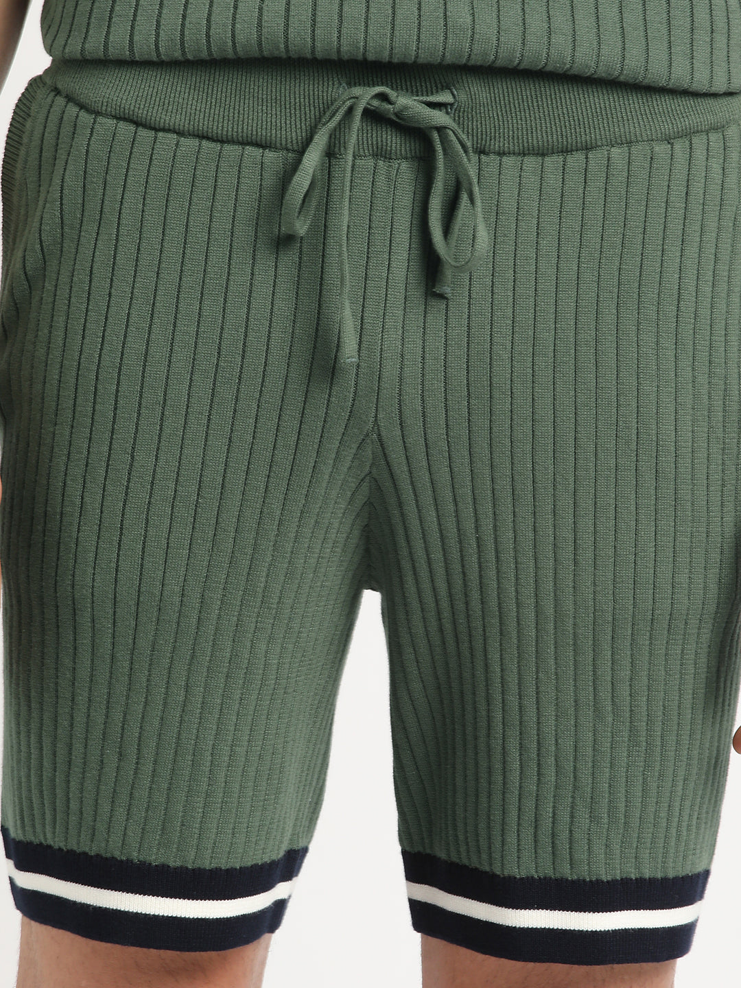 Men Green Striped Regular Fit Cotton Shorts | The Bear House
