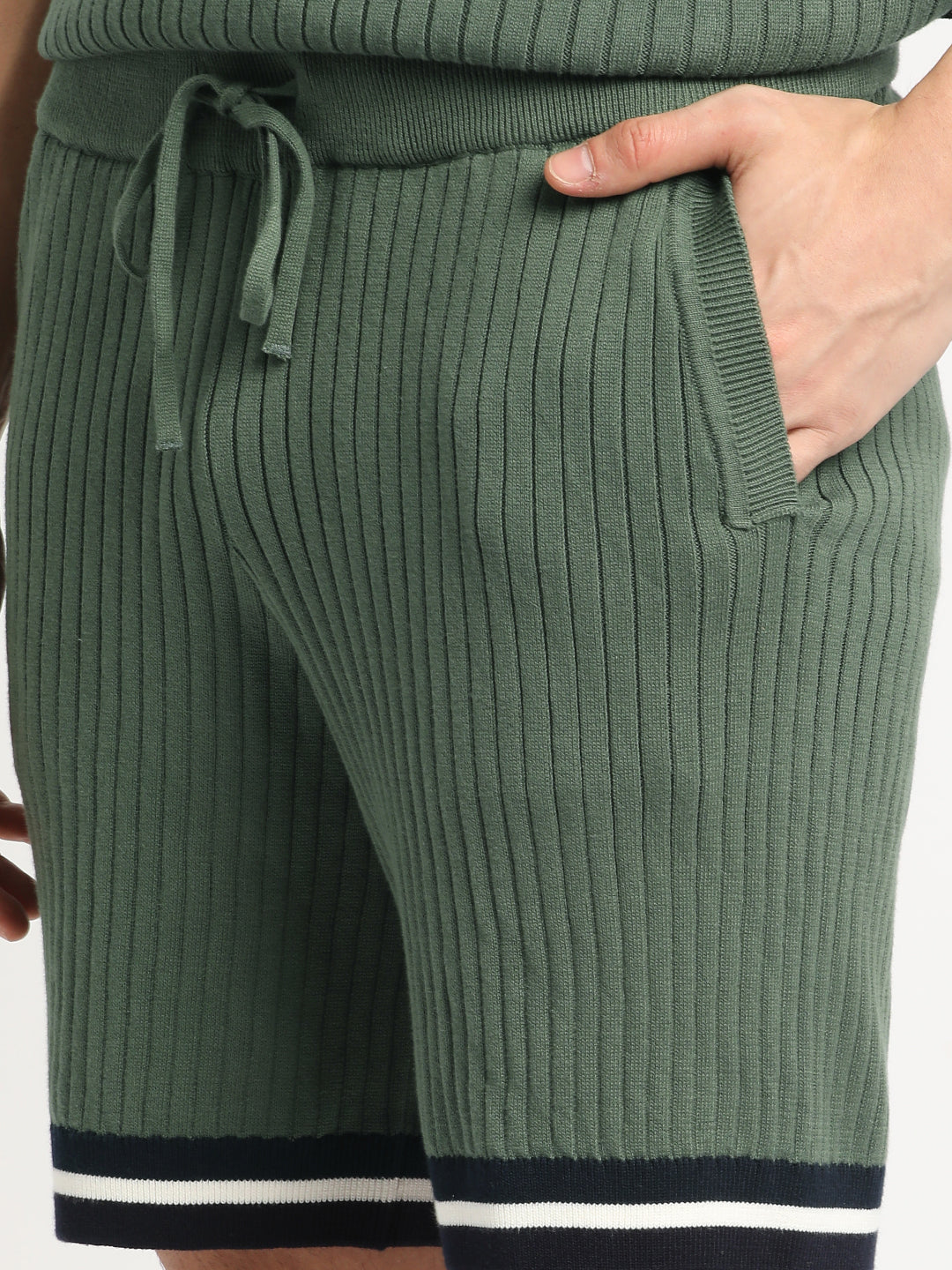 Men Green Striped Regular Fit Cotton Shorts | The Bear House