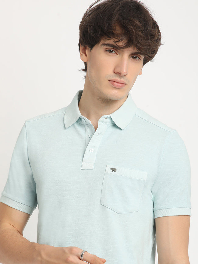 Men Blue Solid Regular Fit Polo Collar Tshirt