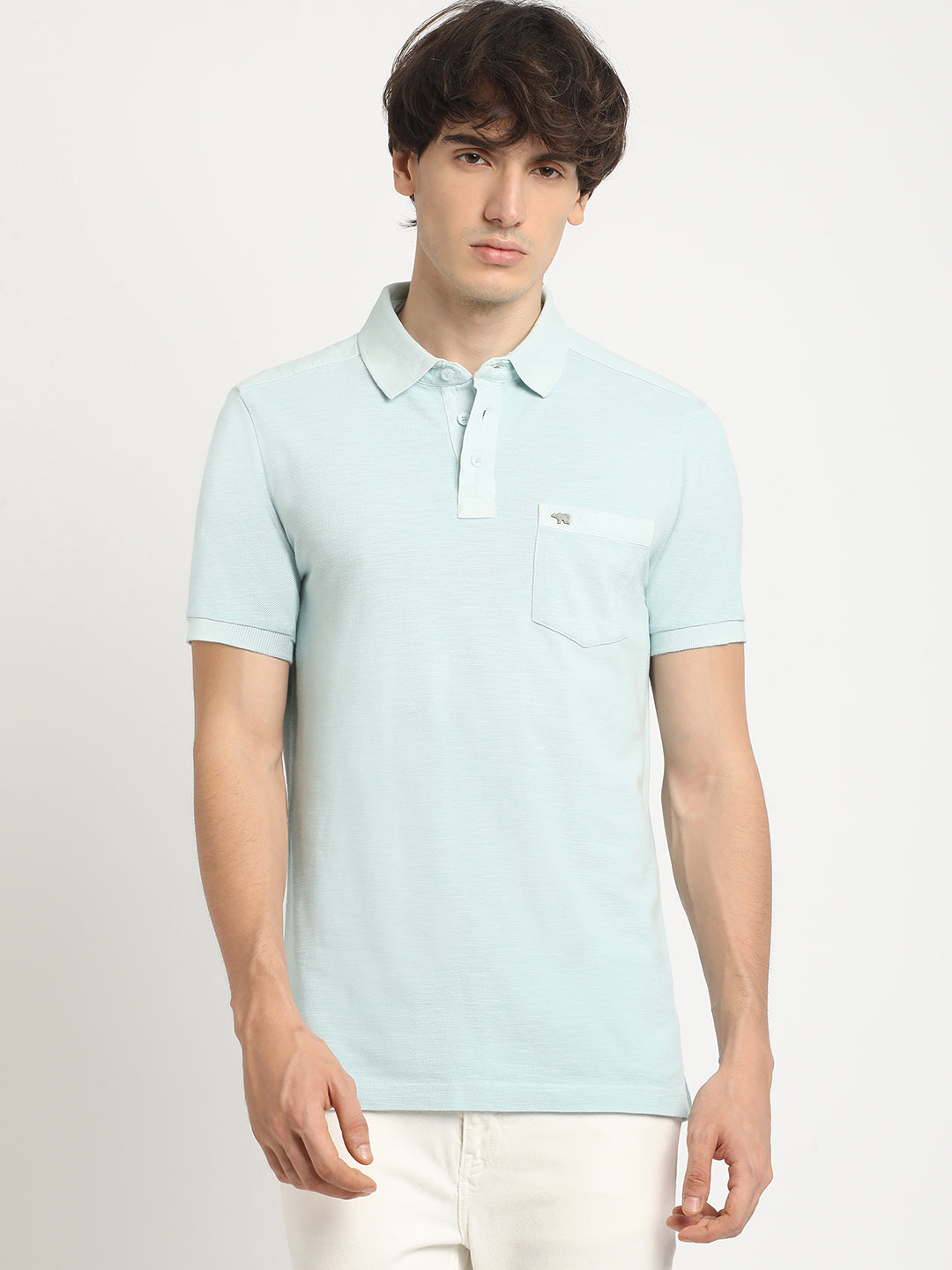 Men Blue Solid Regular Fit Polo Collar Tshirt