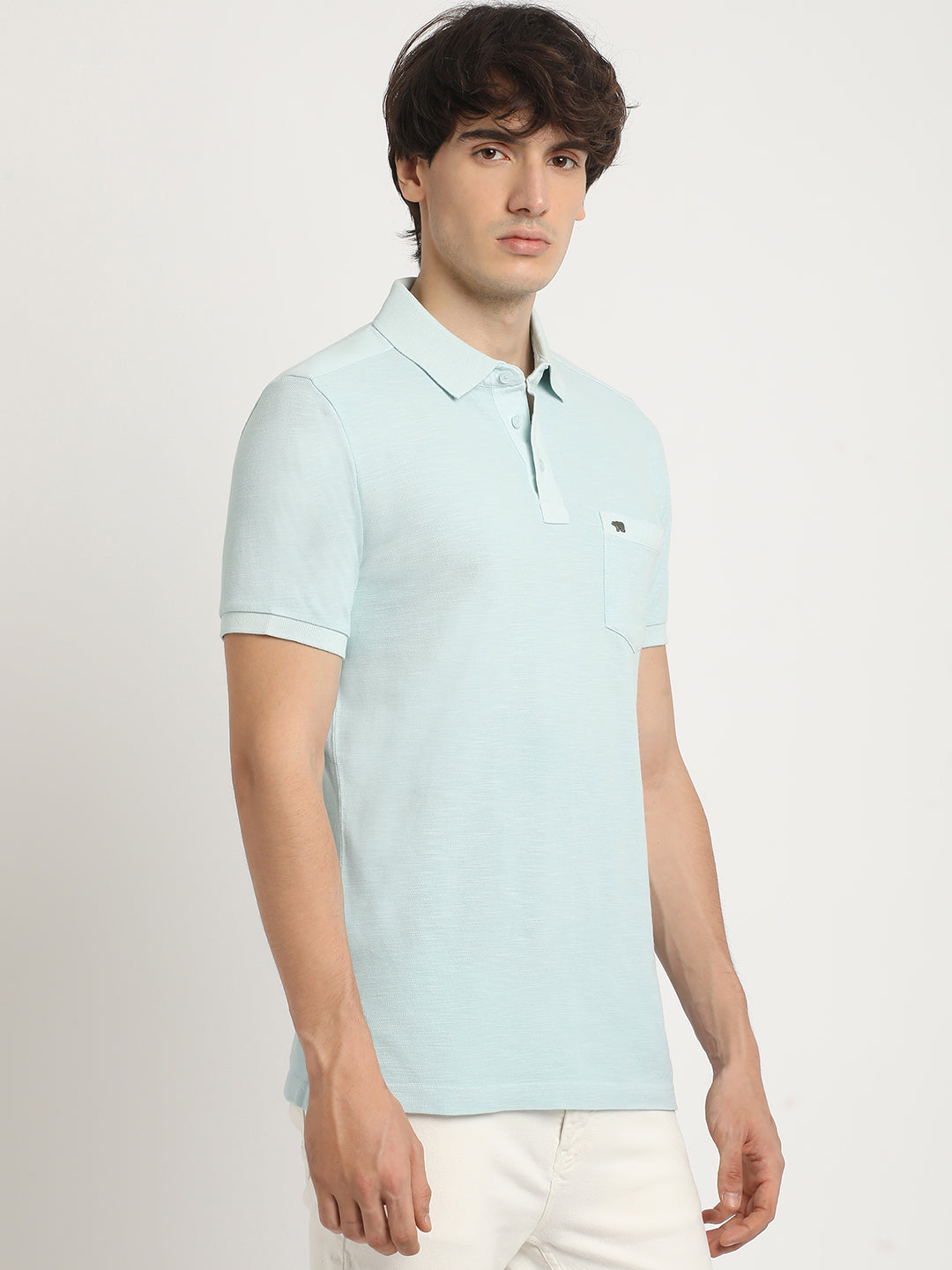 Men Blue Solid Regular Fit Polo Collar Tshirt