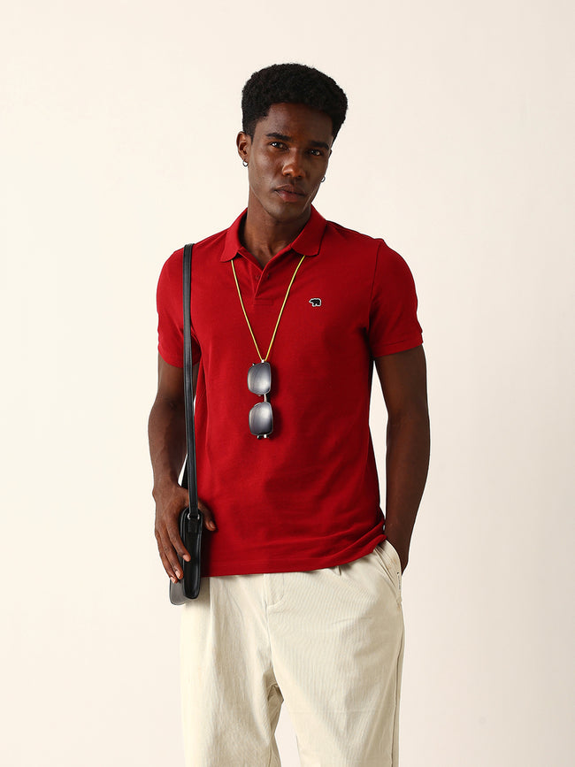 Men Red Solid Cotton T-Shirt