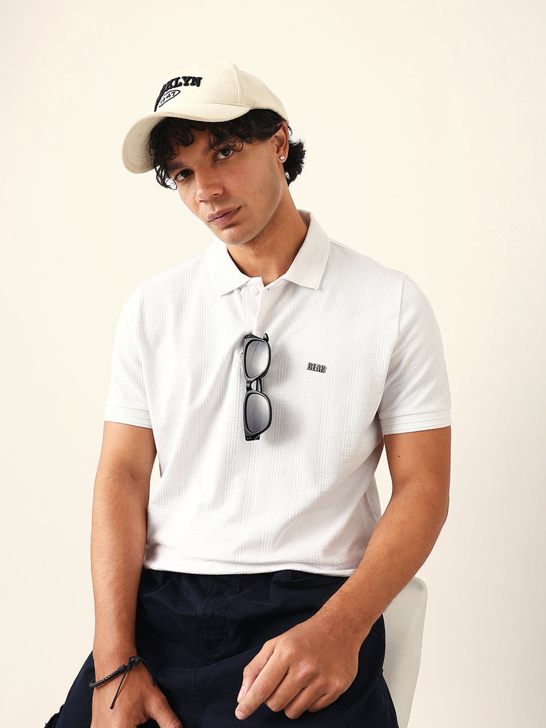 Men White Striped Cotton T-Shirt