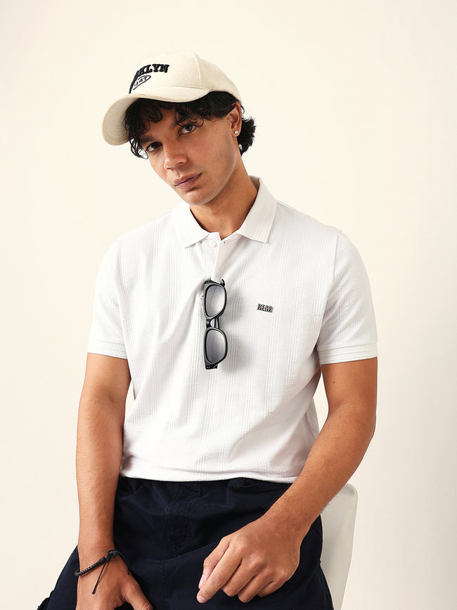 Men White Striped Cotton T-Shirt