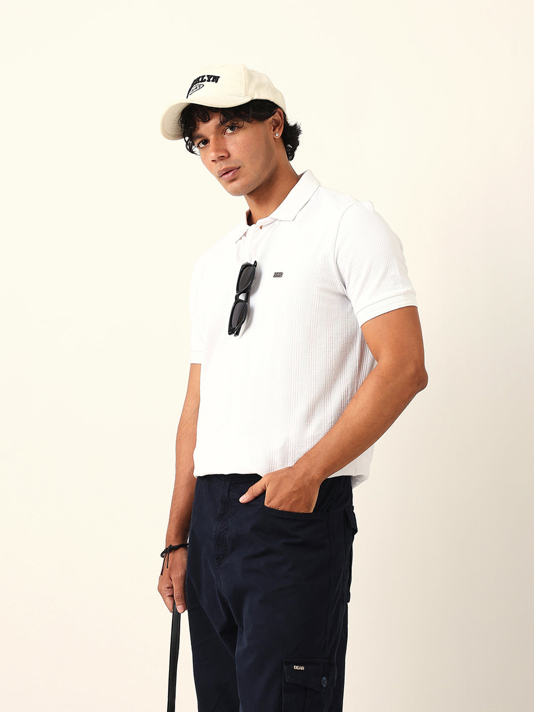 Men White Striped Cotton T-Shirt