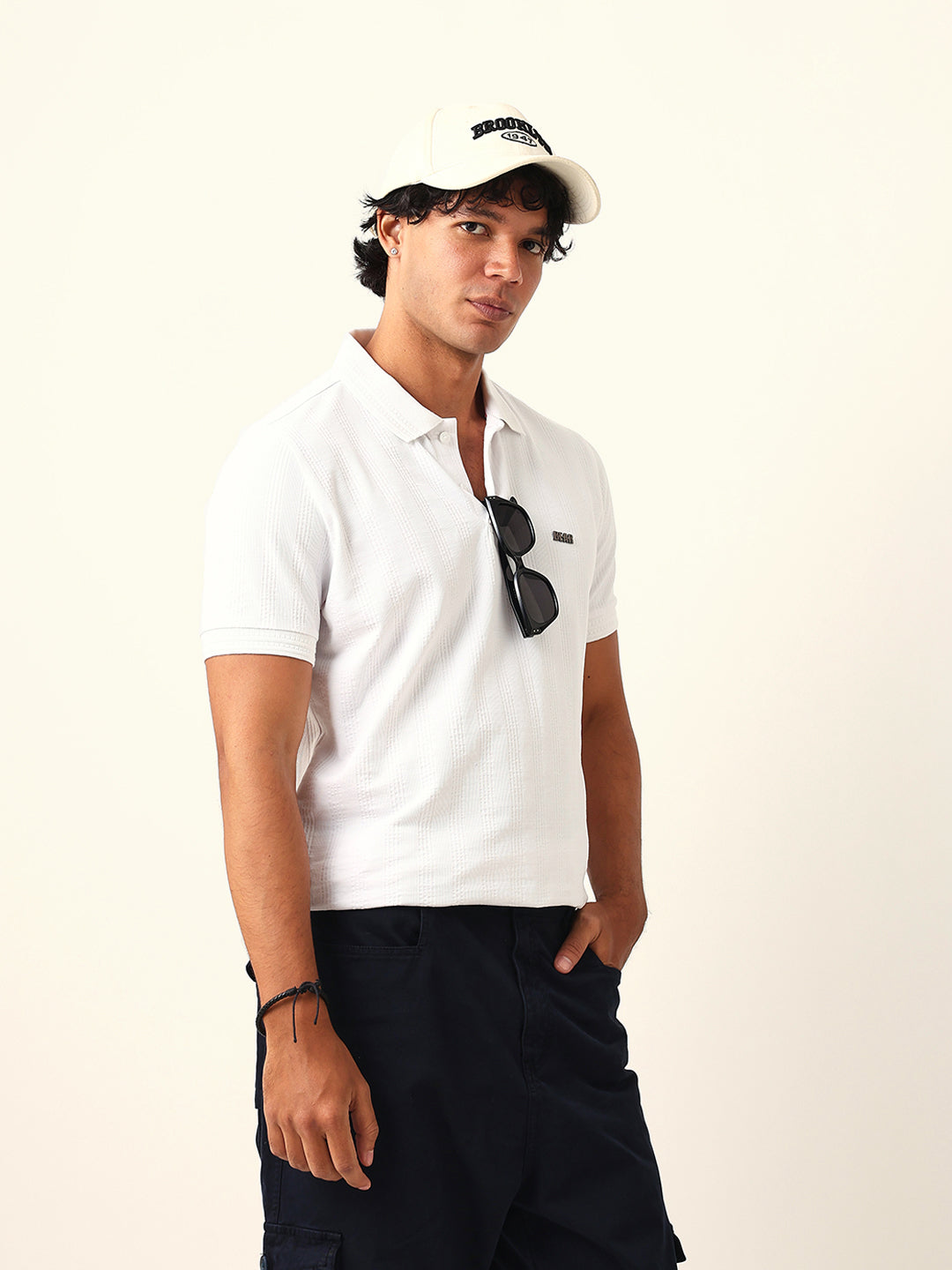 Men White Striped Cotton T-Shirt