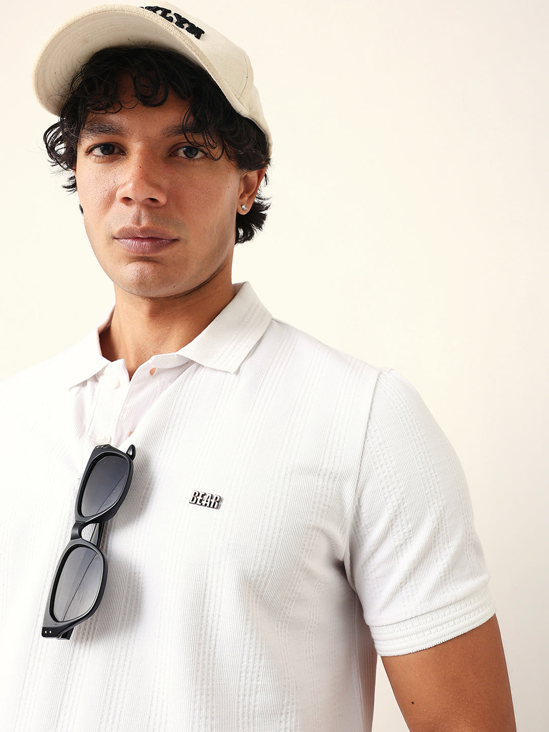 Men White Striped Cotton T-Shirt