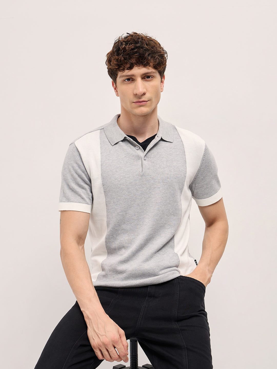 Men Grey & White Color Block Knit Design Regular Fit Polo