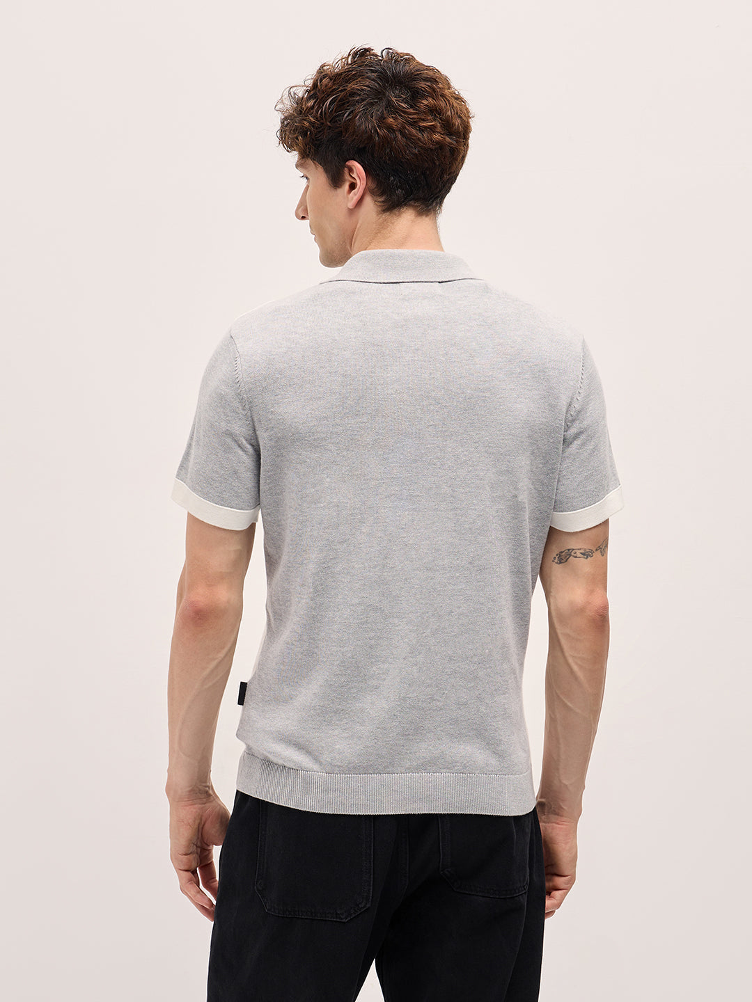 Men Grey & White Color Block Knit Design Regular Fit Polo