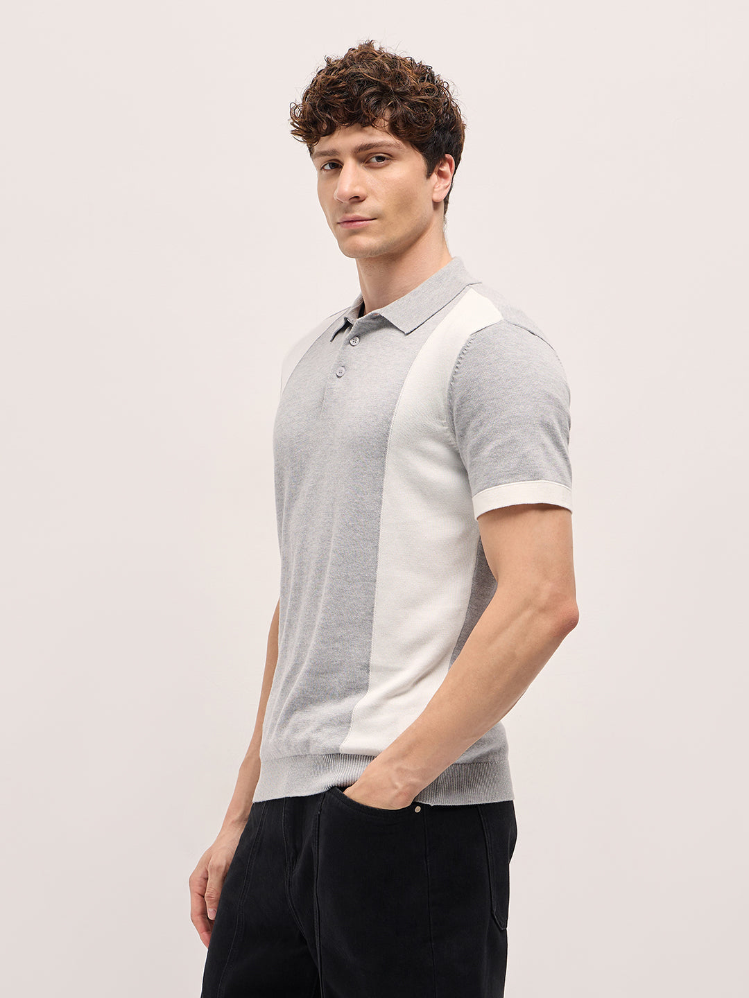 Men Grey & White Color Block Knit Design Regular Fit Polo