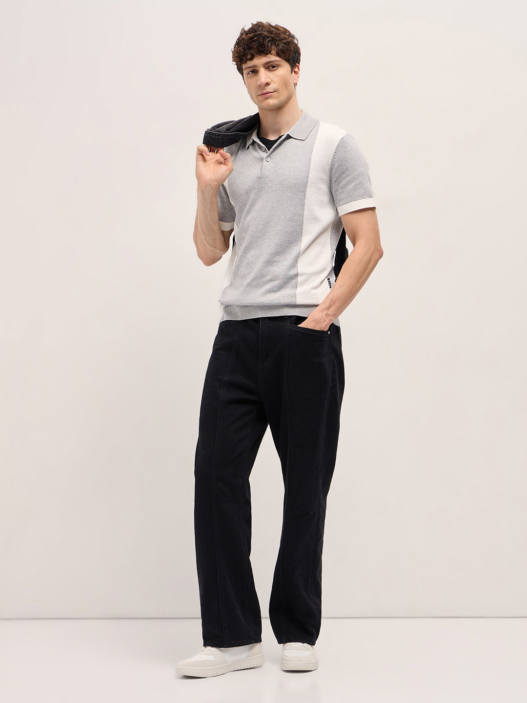 Men Grey & White Color Block Knit Design Regular Fit Polo