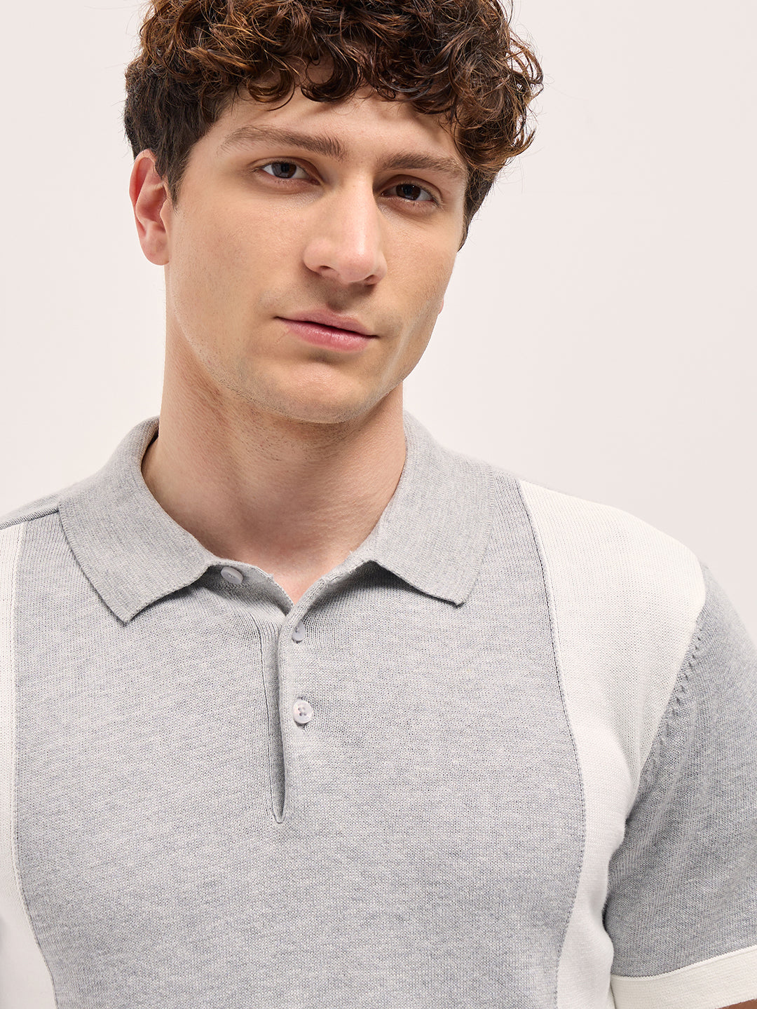 Men Grey & White Color Block Knit Design Regular Fit Polo
