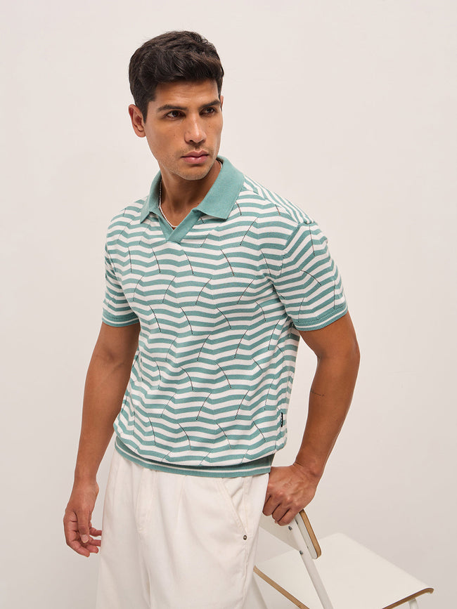 Men TealWhite Geometric Stripe Relax Fit Polo Neck T-shirt