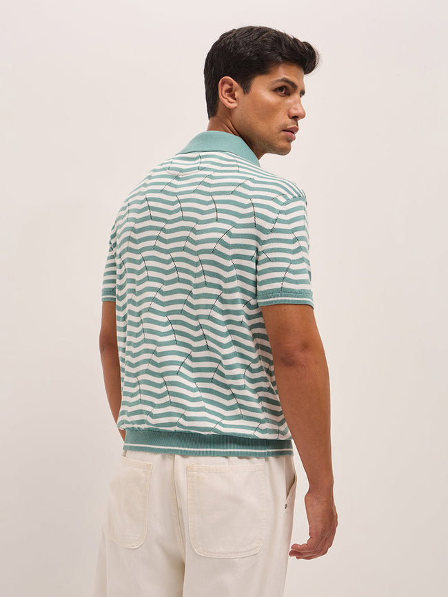 Men TealWhite Geometric Stripe Relax Fit Polo Neck T-shirt