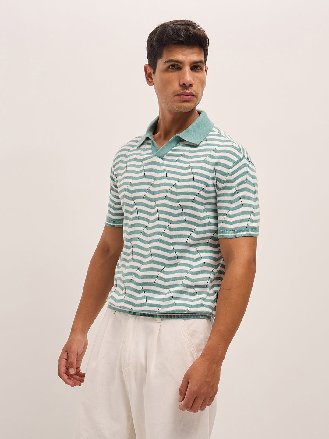 Men TealWhite Geometric Stripe Relax Fit Polo Neck T-shirt