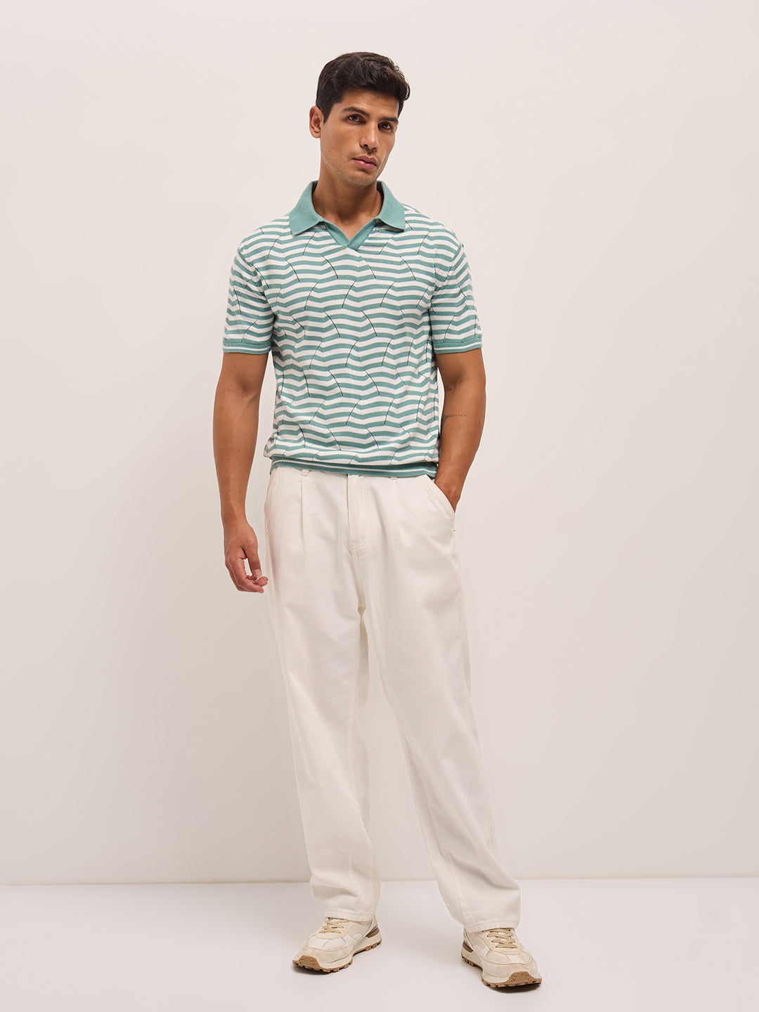 Men TealWhite Geometric Stripe Relax Fit Polo Neck T-shirt