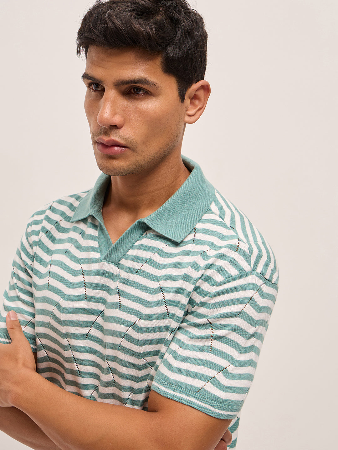 Men TealWhite Geometric Stripe Relax Fit Polo Neck T-shirt