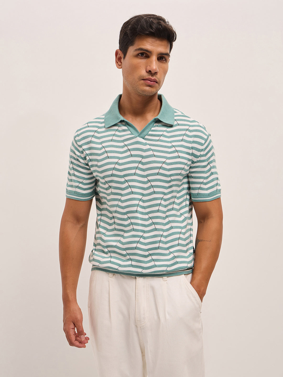 Men TealWhite Geometric Stripe Relax Fit Polo Neck T-shirt