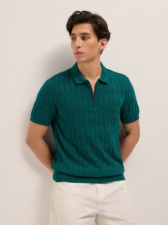 Men Teal Textured Knit Design Regular Fit Polo