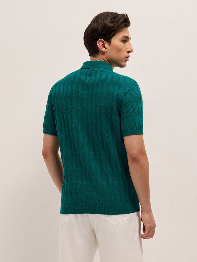 Men Teal Textured Knit Design Regular Fit Polo