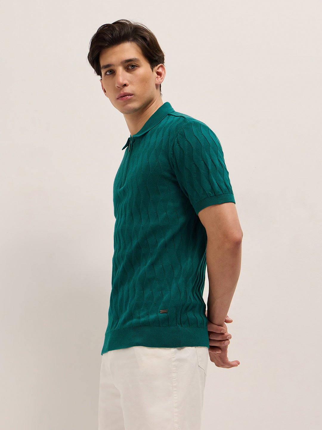 Men Teal Textured Knit Design Regular Fit Polo