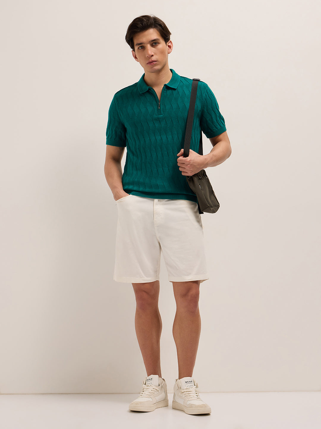 Men Teal Textured Knit Design Regular Fit Polo