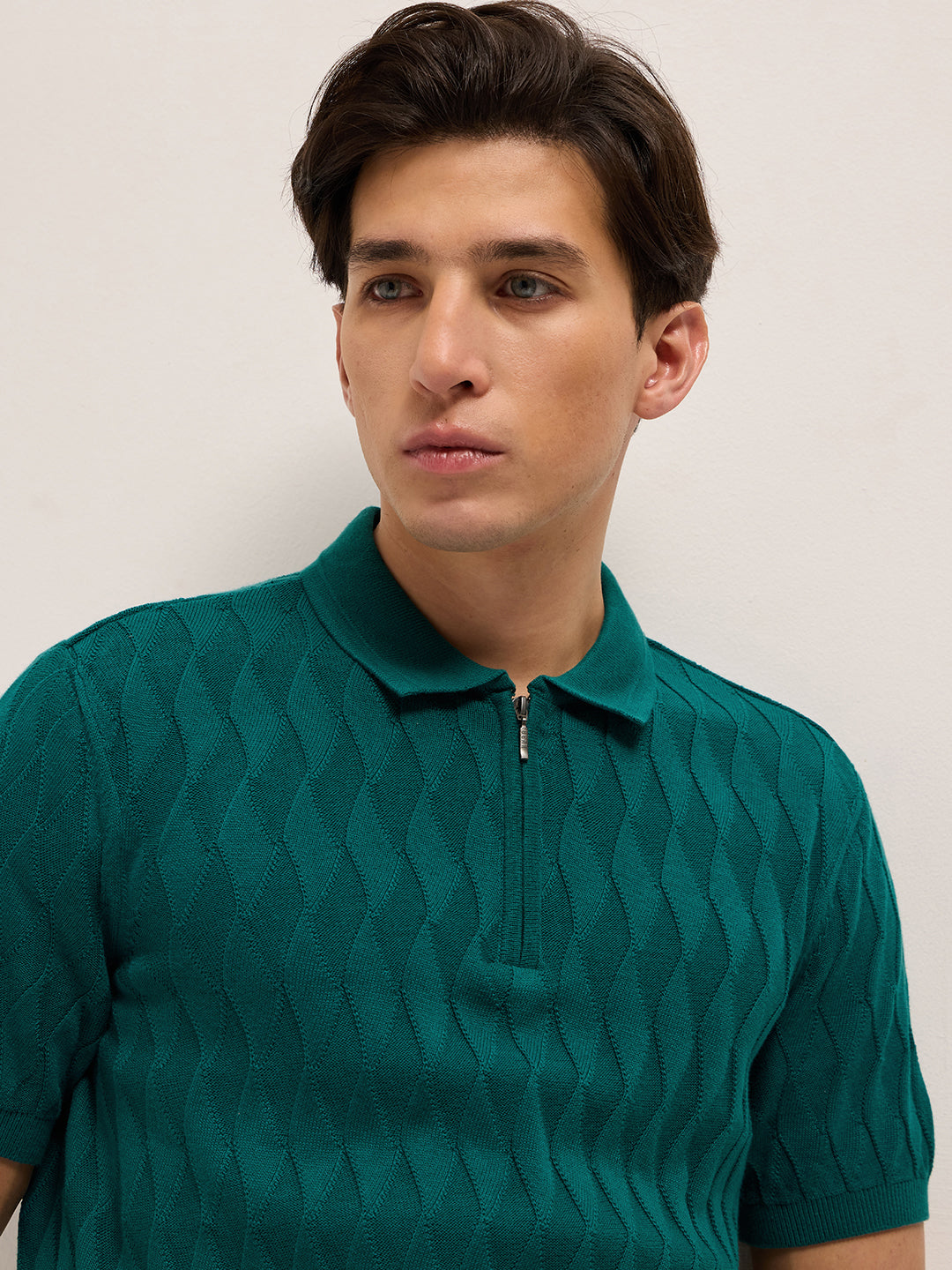 Men Teal Textured Knit Design Regular Fit Polo