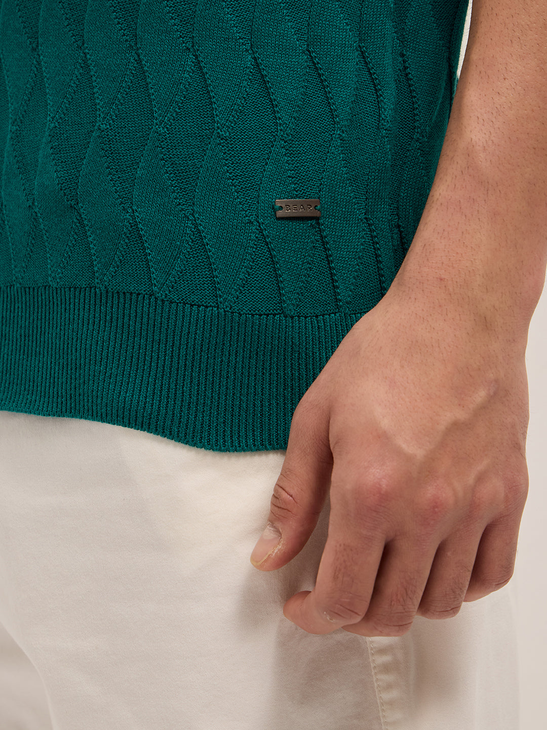 Men Teal Textured Knit Design Regular Fit Polo