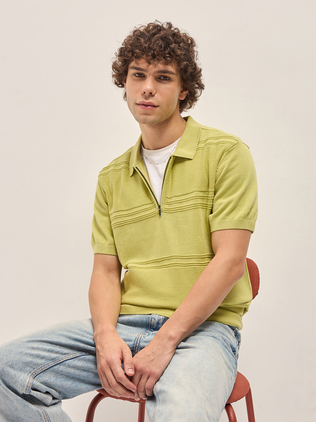 Men Green Horizontal Textured Knit Regular Fit Polo T-shirt – FYVA