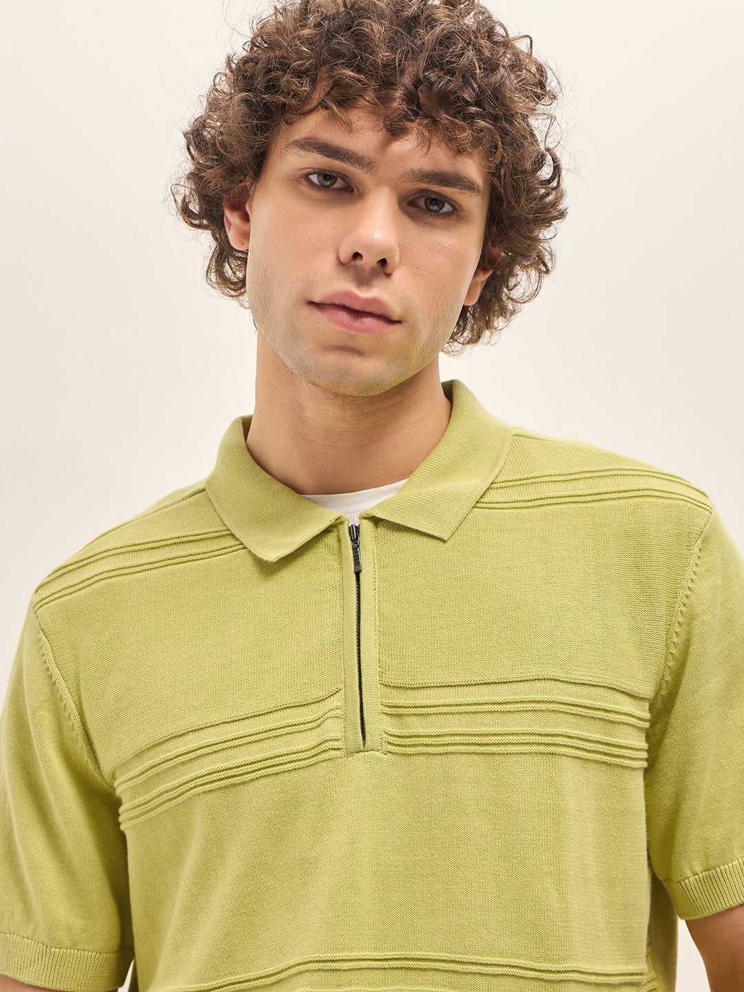 Men Green Horizontal Textured Knit Regular Fit Polo T-shirt – FYVA