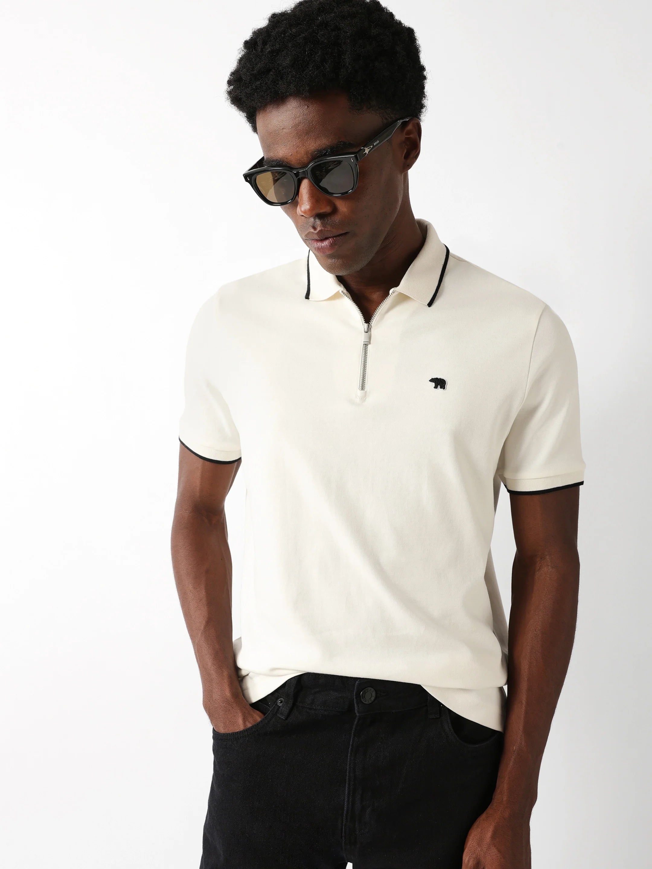 Men Off White Solid Polo