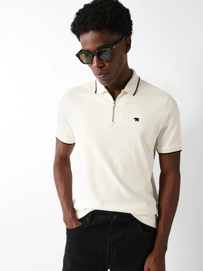 Men Off White Solid Polo