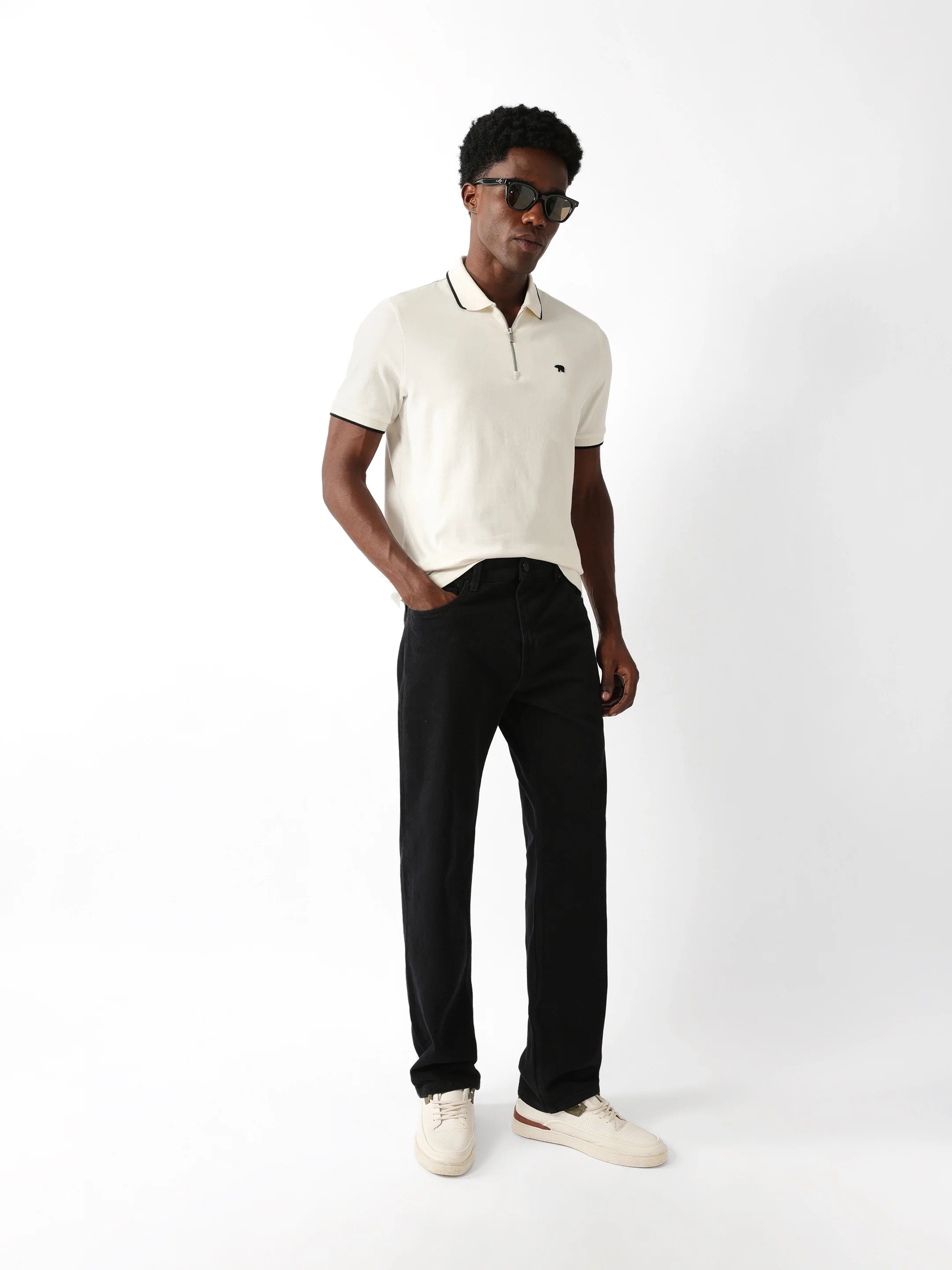 Men Off White Solid Polo