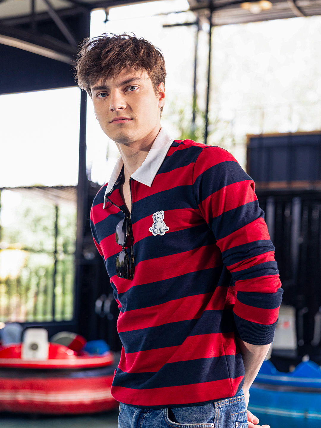 Men Blue Striped Cotton Polo T-Shirt