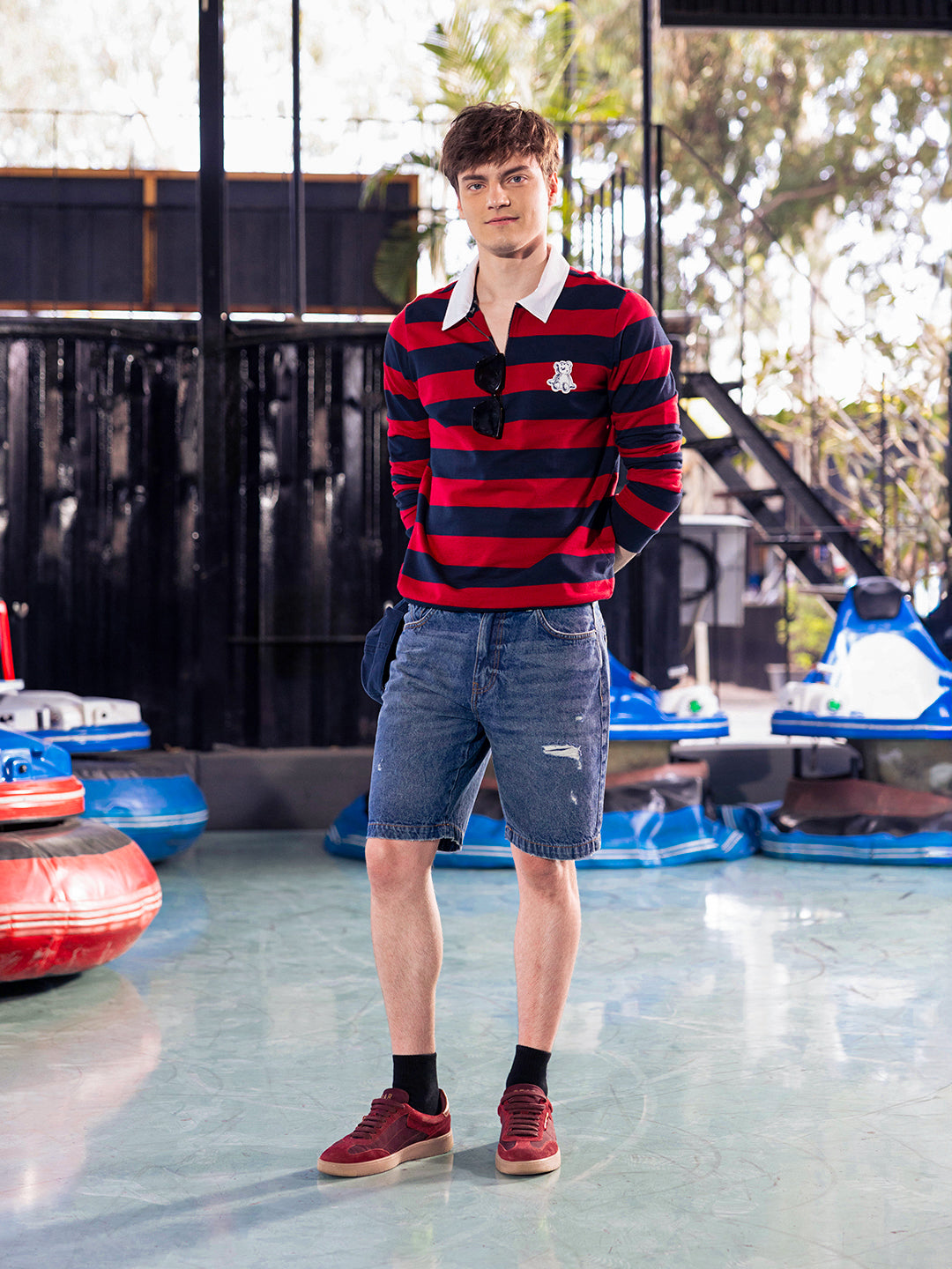 Men Blue Striped Cotton Polo T-Shirt