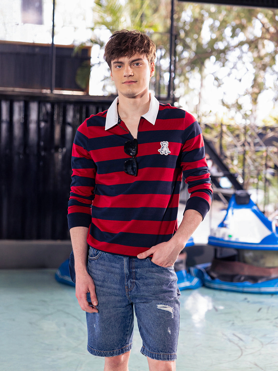 Men Blue Striped Cotton Polo T-Shirt