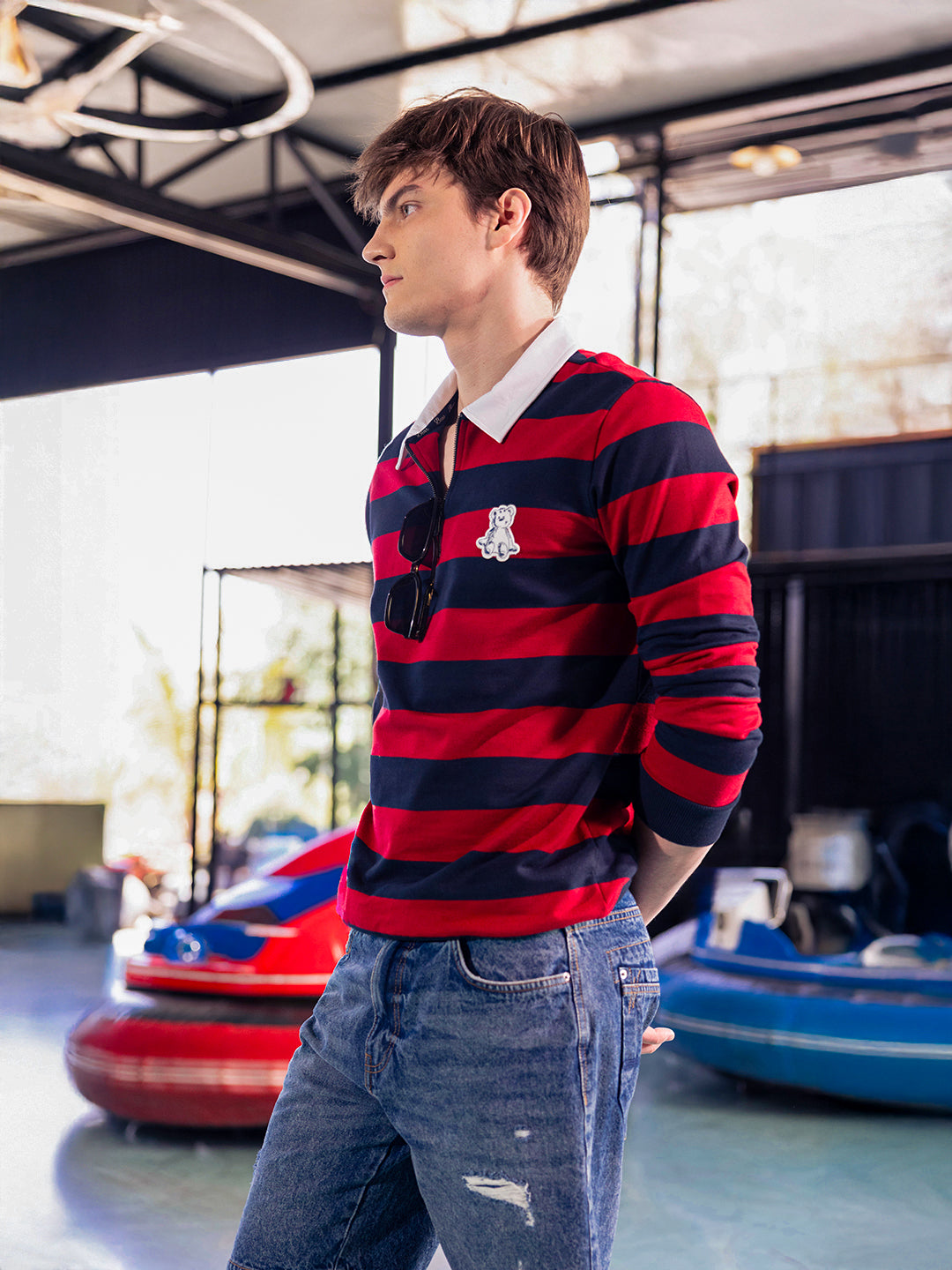 Men Blue Striped Cotton Polo T-Shirt