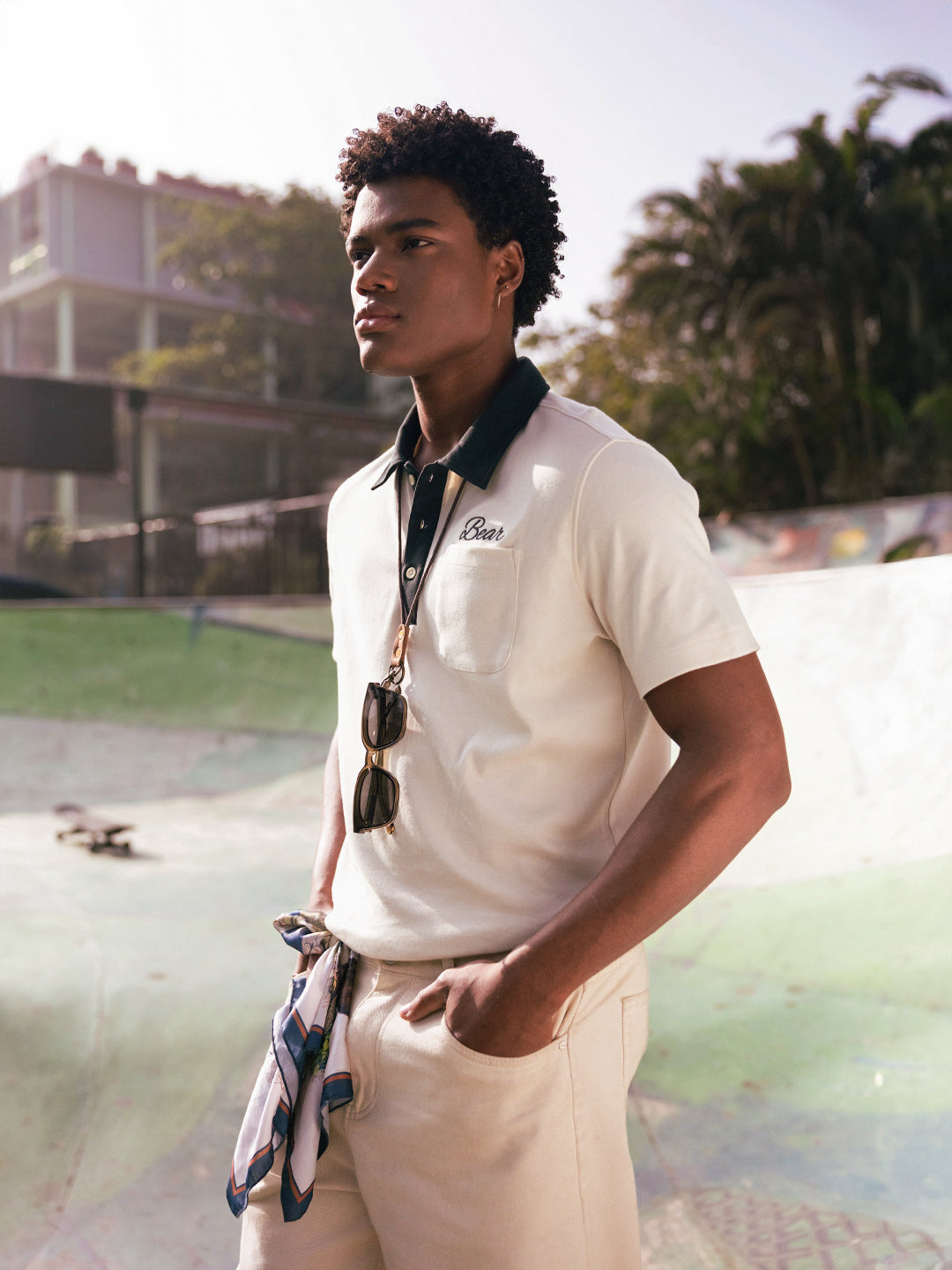 Men Off White Solid Cotton Polo T-Shirt
