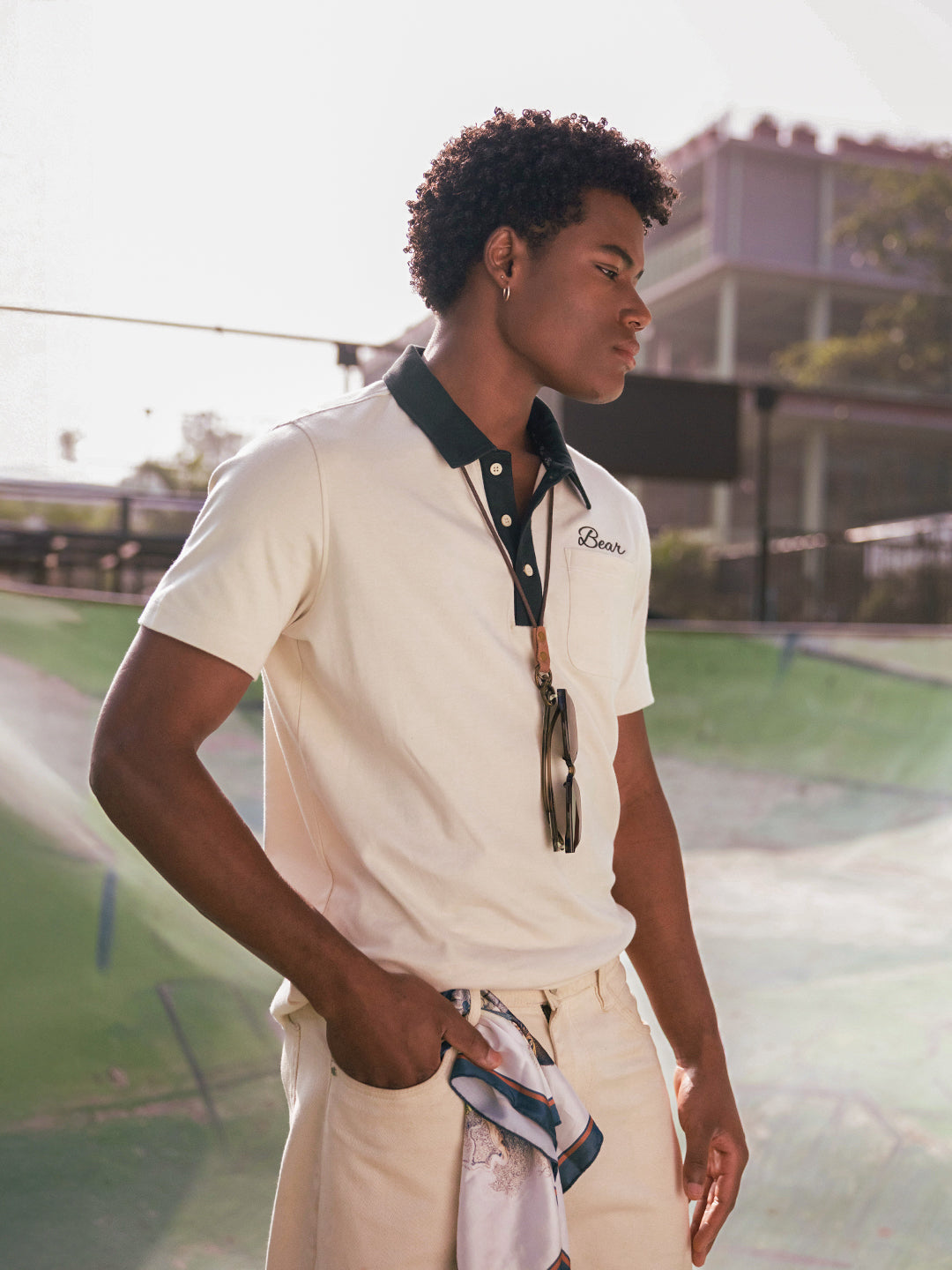 Men Off White Solid Cotton Polo T-Shirt