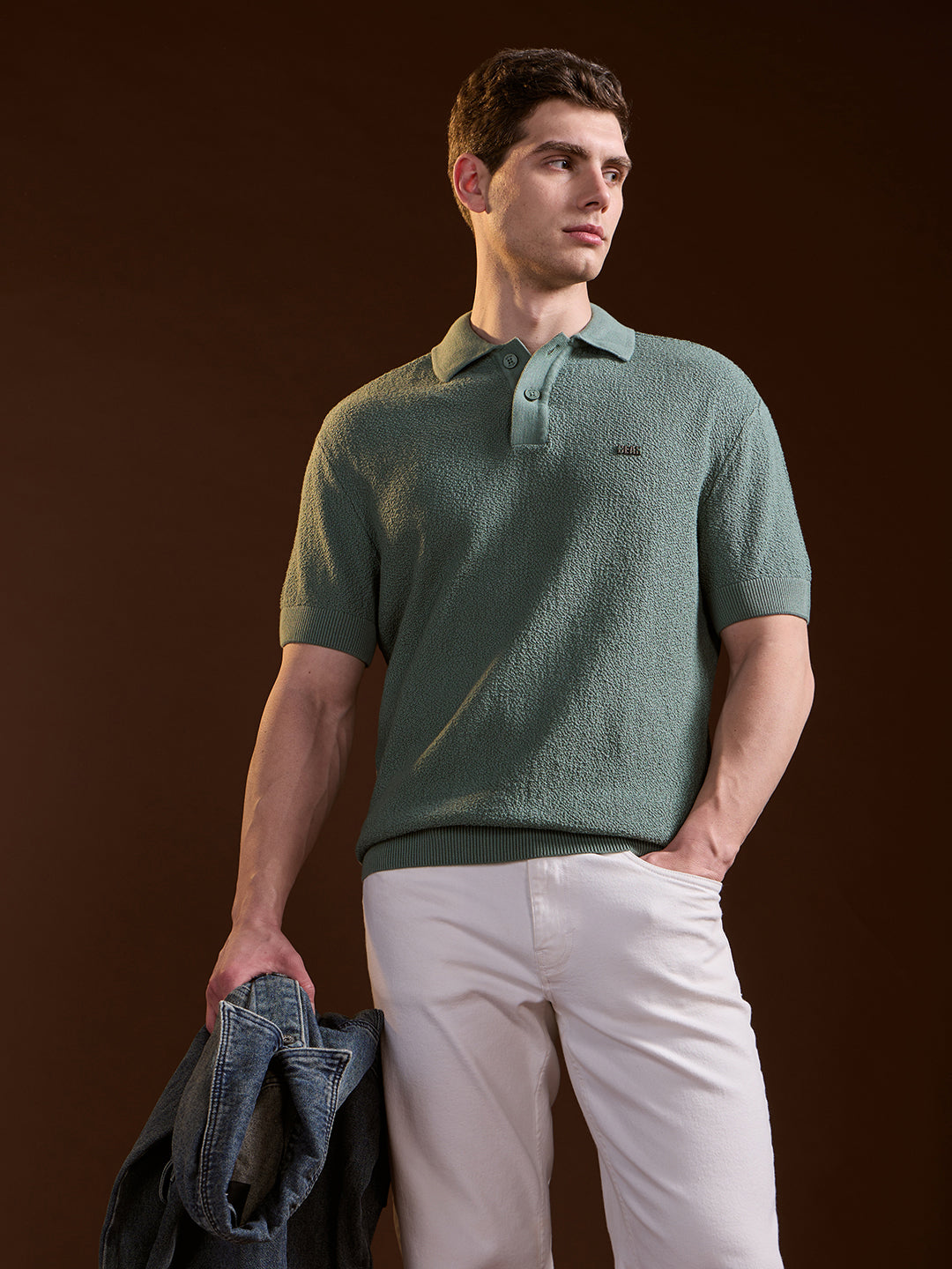 Men Green Solid Texture Knit Design Regular Fit Polo