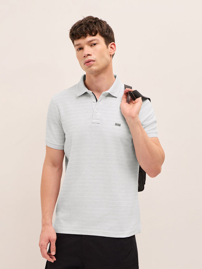 Men Striped Polo Collar Pure Cotton T-Shirt