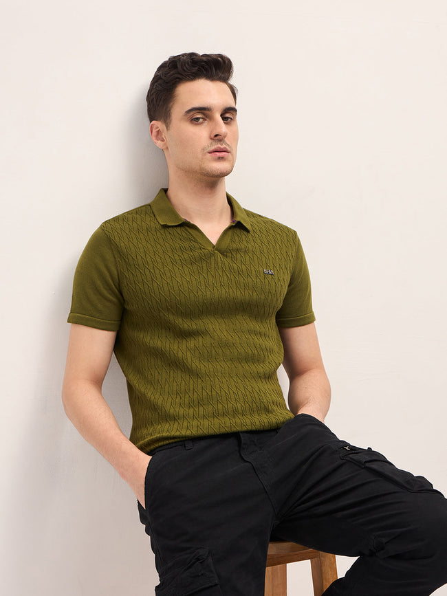 Men Dark Green Diagonal Knit Texture Regular Fit Polo