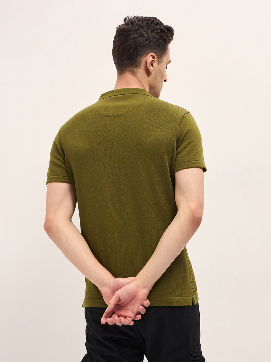 Men Dark Green Diagonal Knit Texture Regular Fit Polo