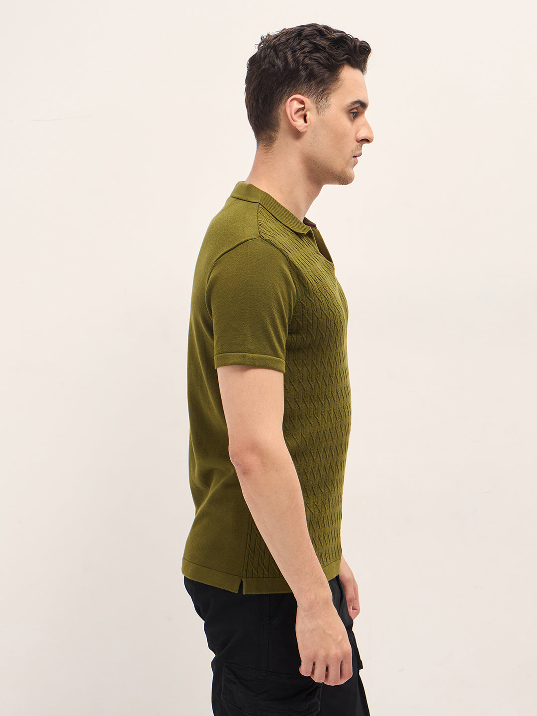 Men Dark Green Diagonal Knit Texture Regular Fit Polo