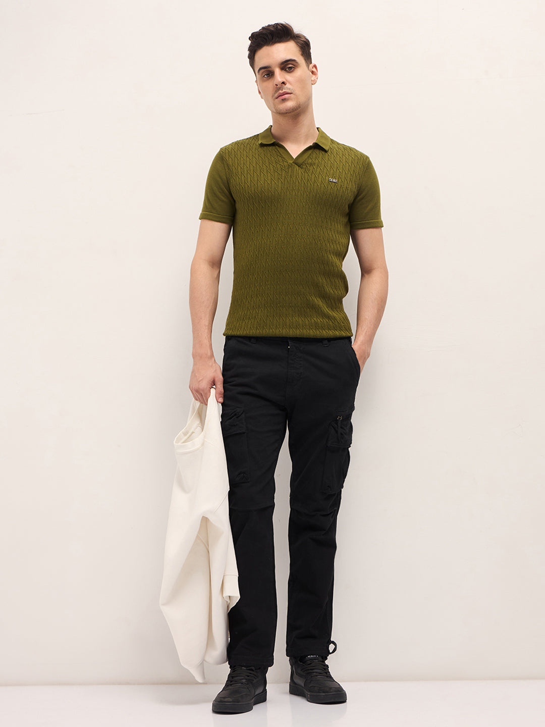 Men Dark Green Diagonal Knit Texture Regular Fit Polo