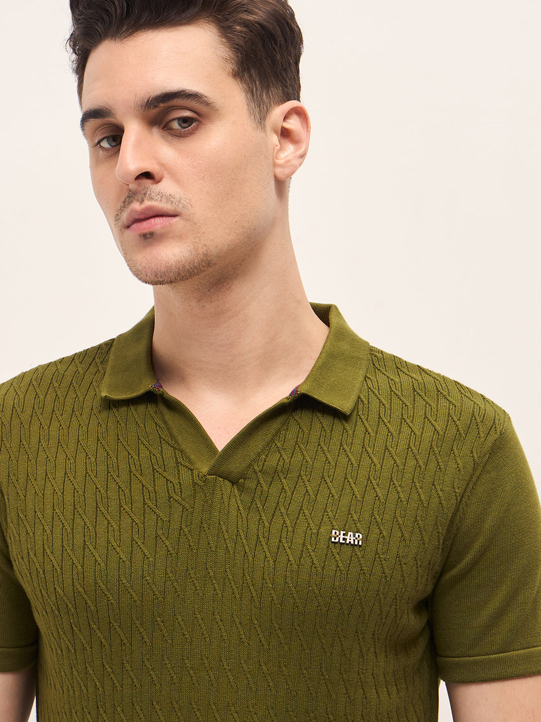 Men Dark Green Diagonal Knit Texture Regular Fit Polo